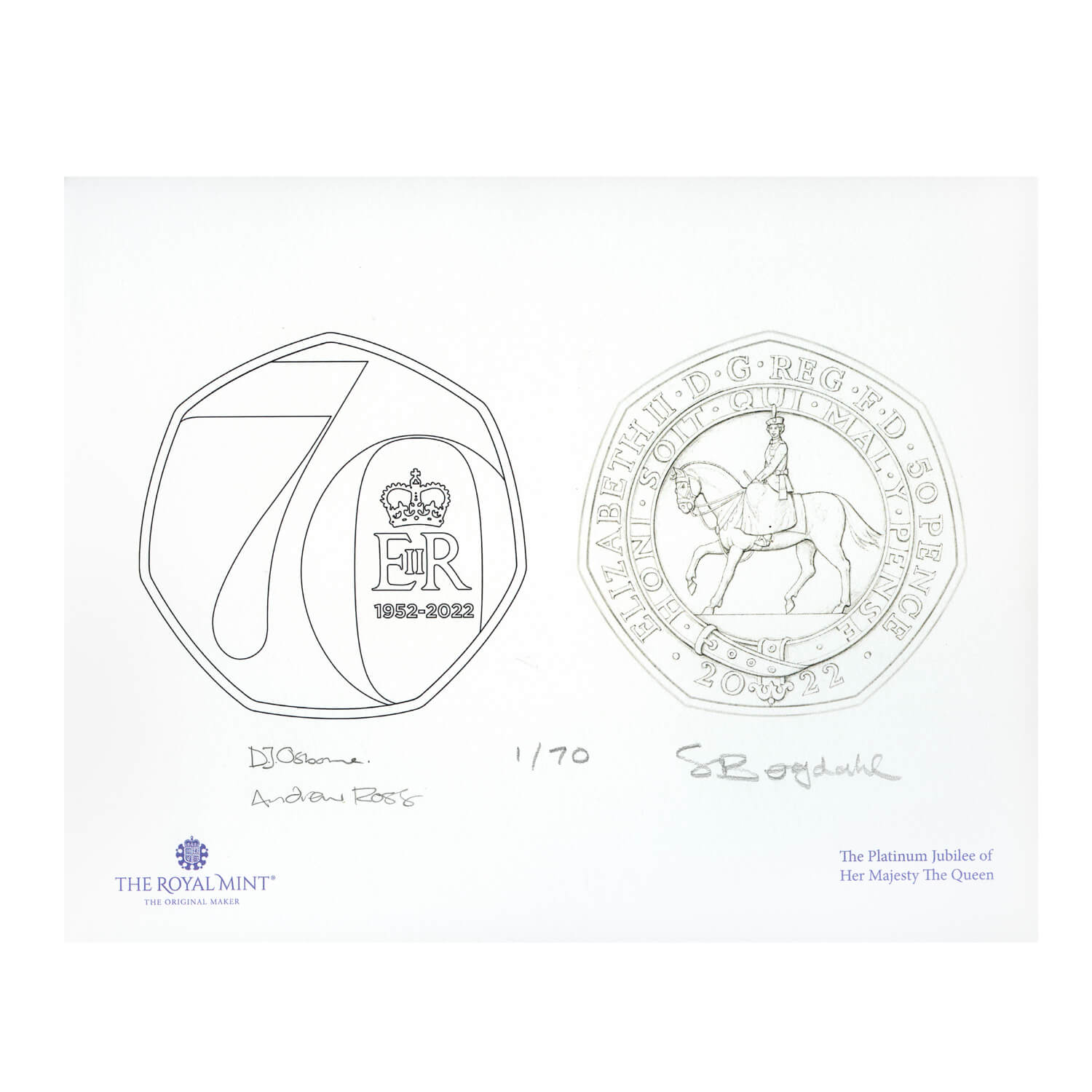 The Platinum Jubilee of Her Majesty The Queen 2022 Limited-Edition UK 50p Osborne Ross Reverse and John Bergdahl Obverse Design Print 
