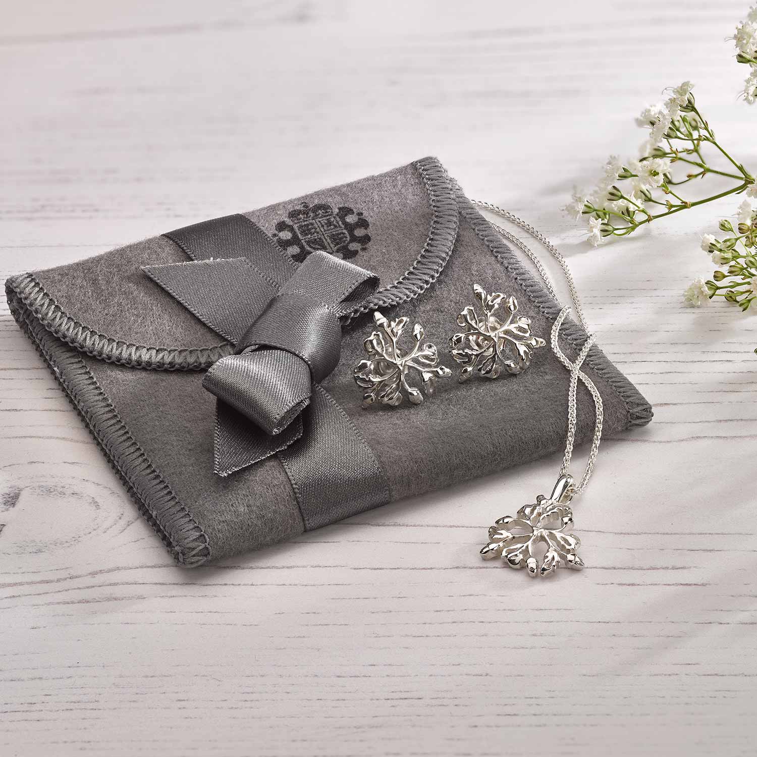 Sterling Silver Sprig Stud Earrings & Pendant Necklace Set in Sprig Gift Box