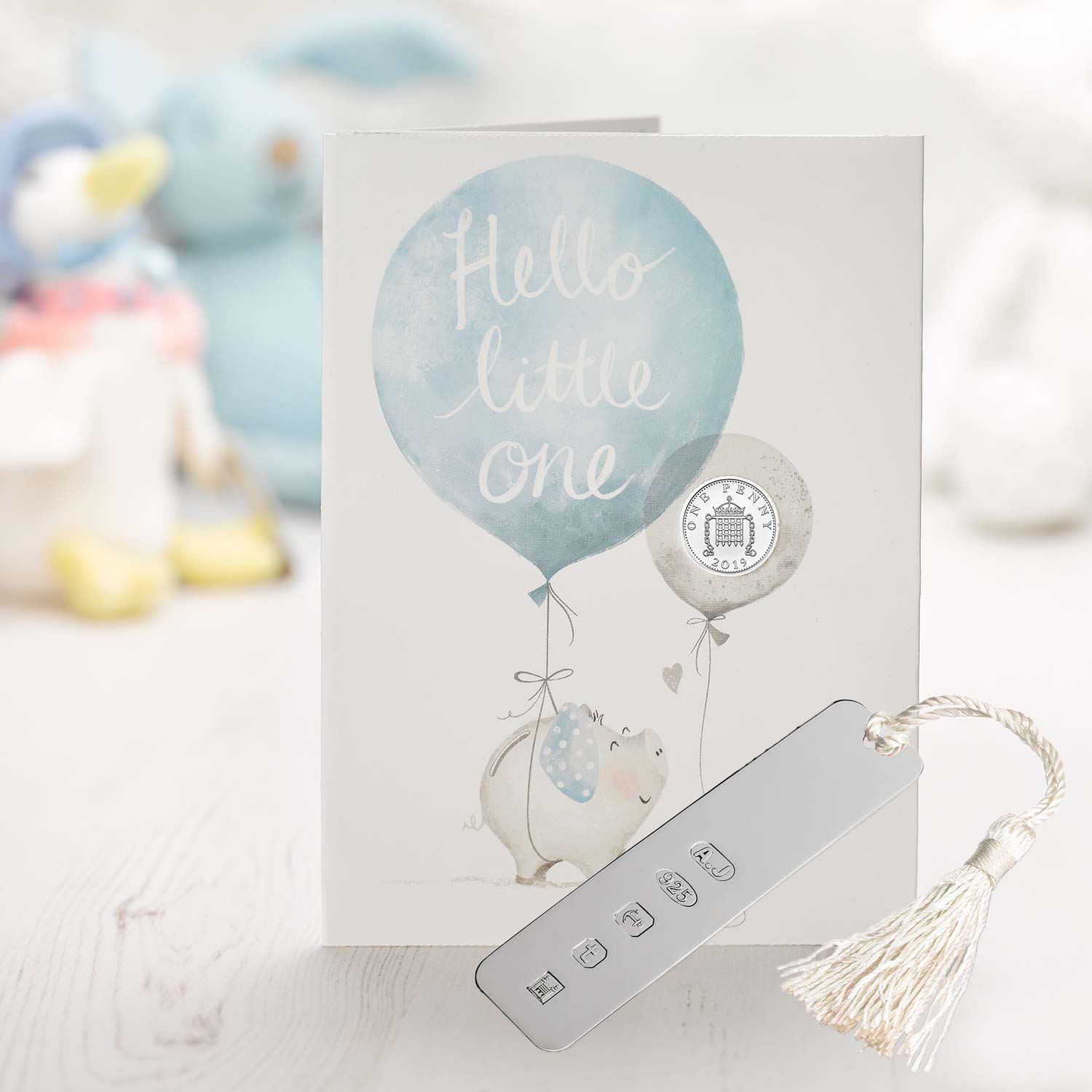 Hello Little One Blue Silver Penny Card & Sterling Silver Bookmark with Cream Tassel