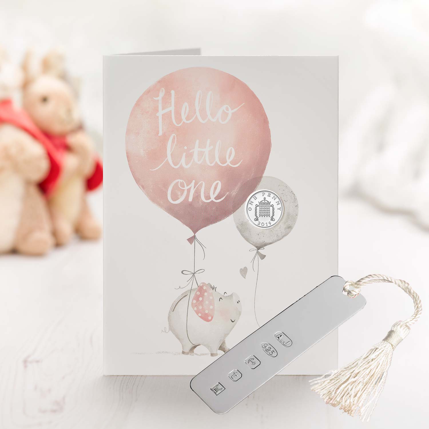 Hello Little One Pink Silver Penny Card & Sterling Silver Bookmark with Cream Tassel