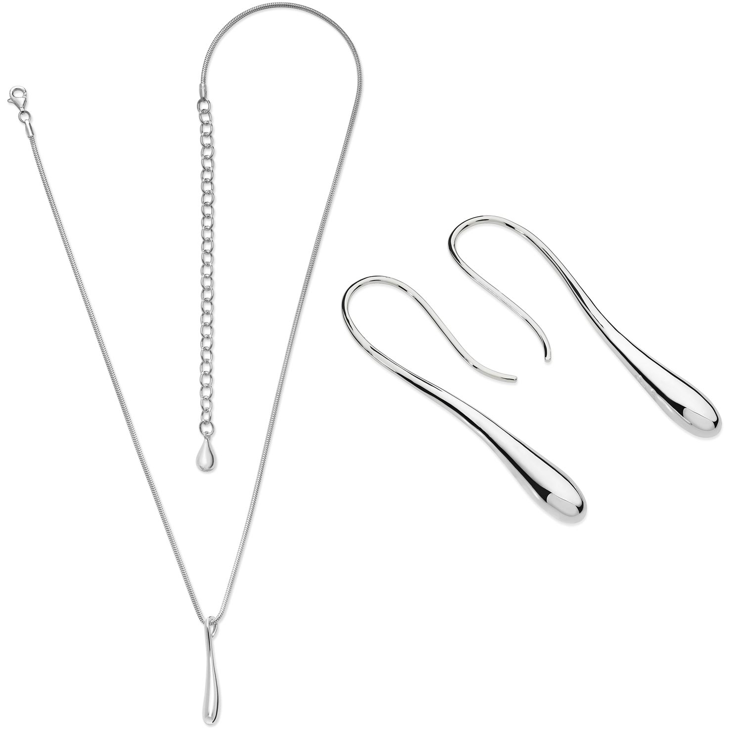 Sterling Silver Single Drop Pendant Necklace & Solid Drop Earrings Set