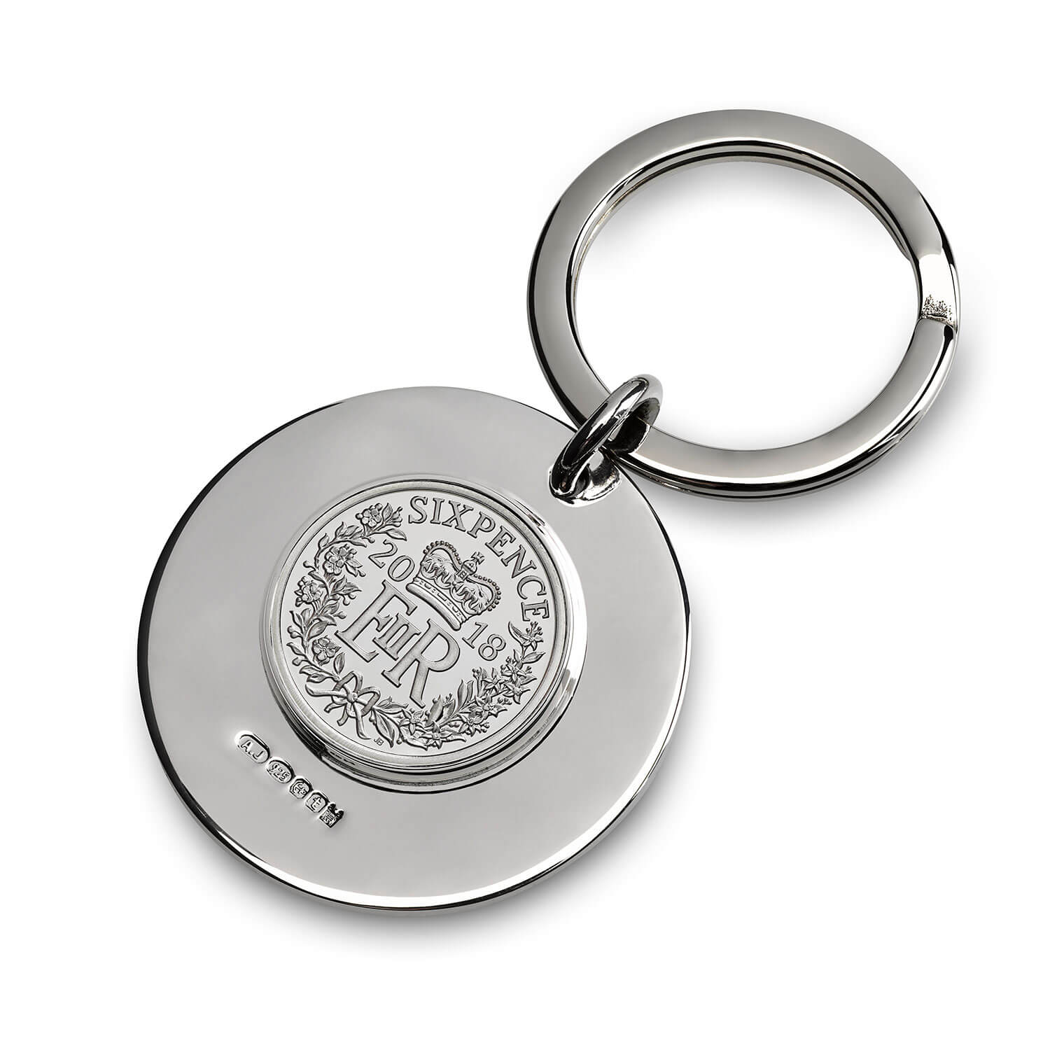 Sterling Silver Round Key Fob with 2018 Six Pence