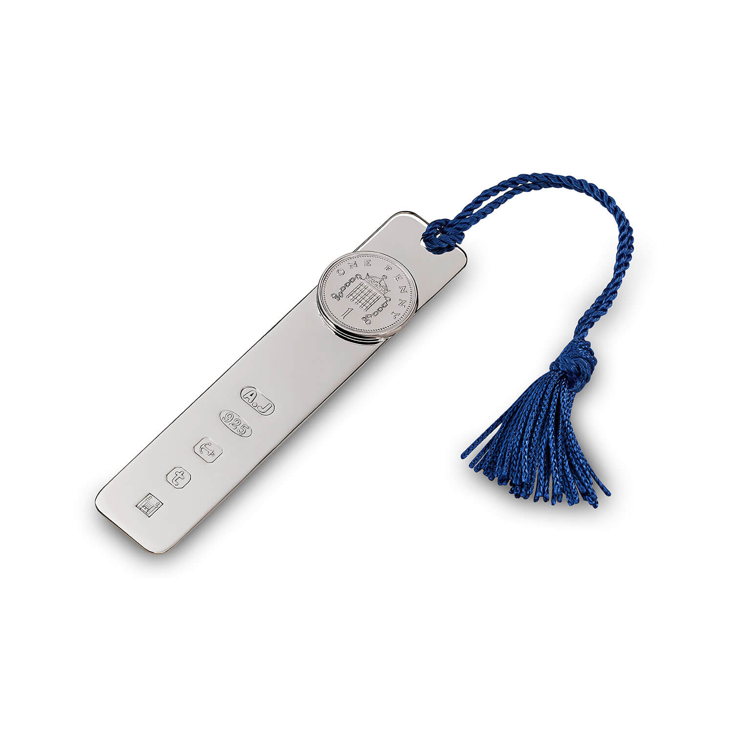Sterling Silver Child's Bookmark with Blue Tassel and Silver Penny