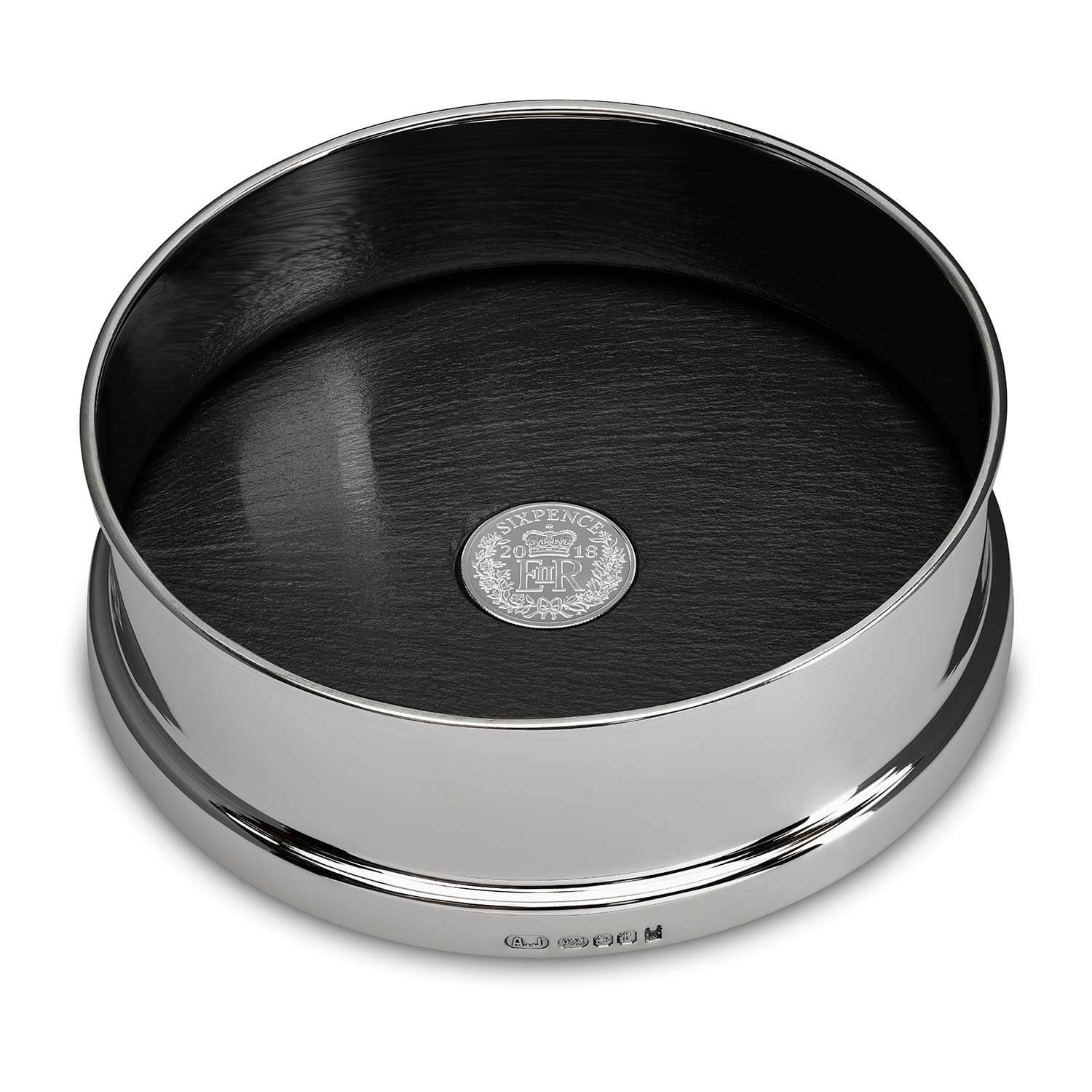 Sterling Silver and Slate Wine Coaster with Six Pence