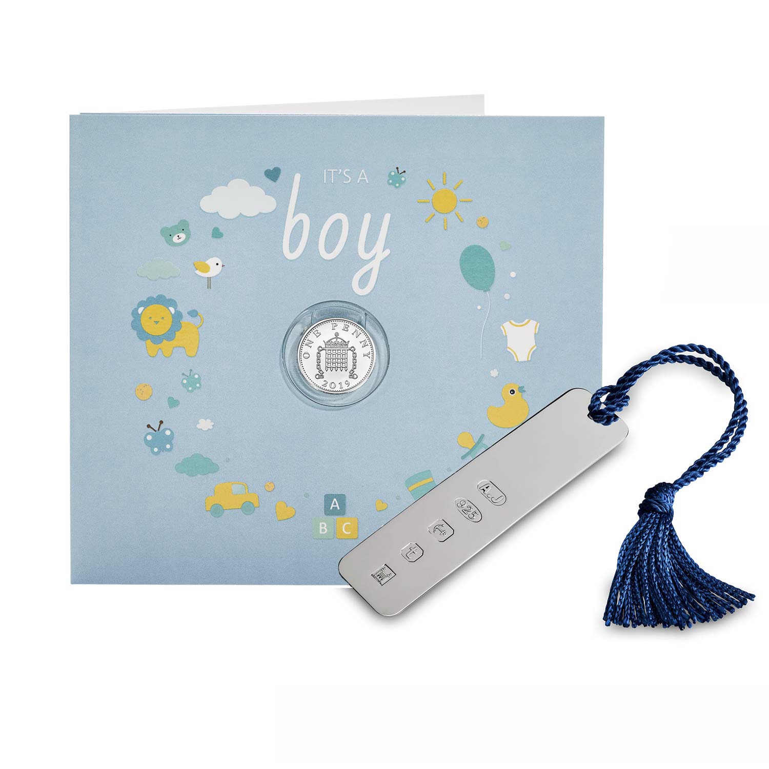 2019 Baby Boy Silver Penny Greeting Card & Child's Bookmark with Blue Tassel Set