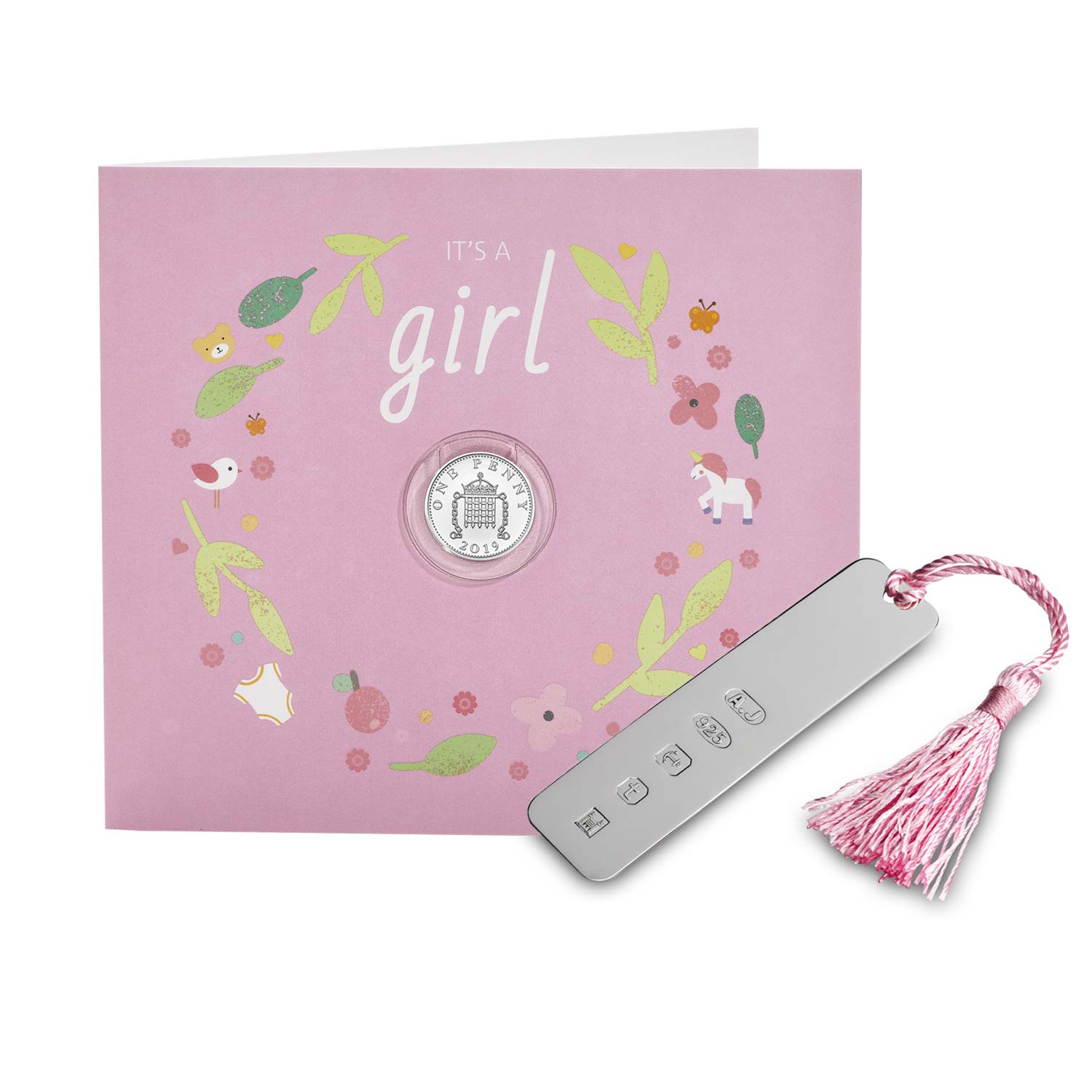 2019 Baby Girl Silver Penny Greeting Card & Child's Bookmark with Pink Tassel Set