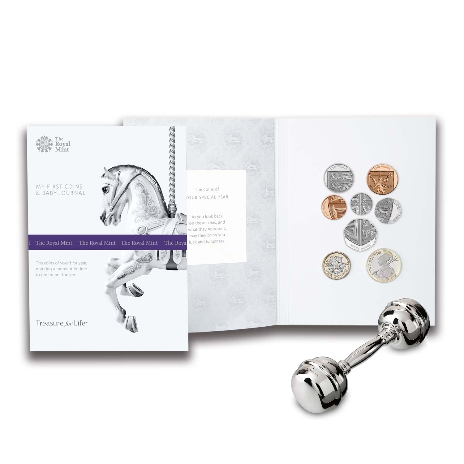 2019 My First Coins Journal & Sterling Silver Baby's Rattle Set