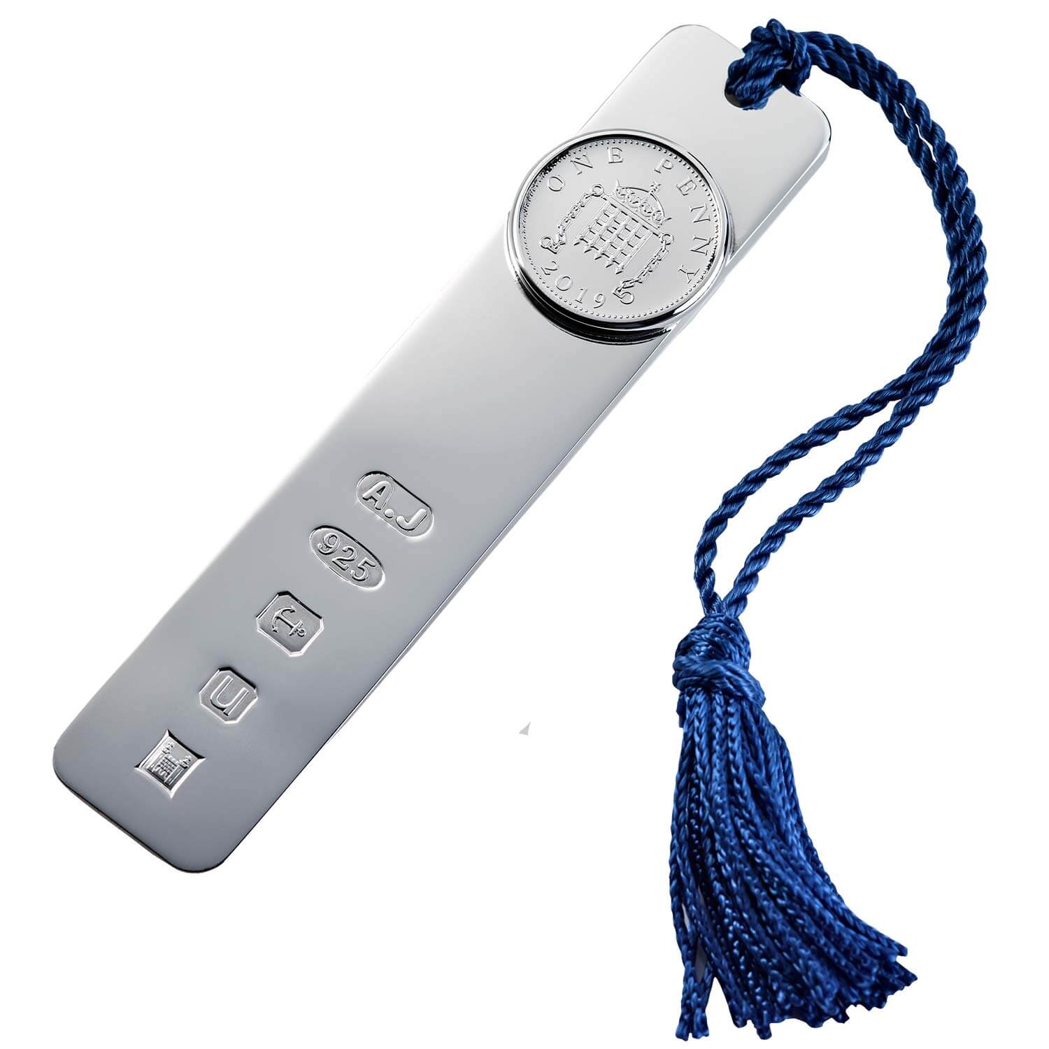 Sterling Silver Hallmarked Childs Bookmark with Blue Tassel and 2019 Silver Penny