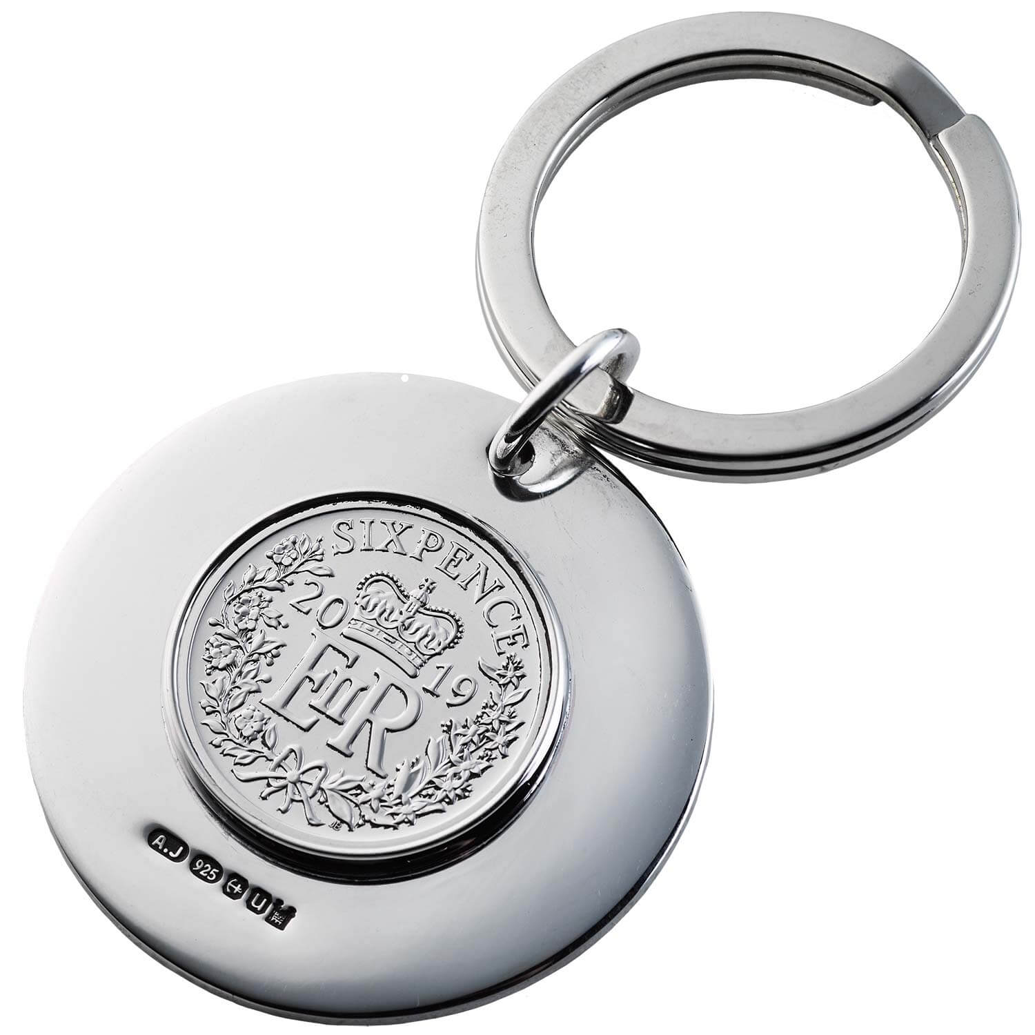 Sterling Silver Hallmarked Round Key Ring with 2019 Six Pence