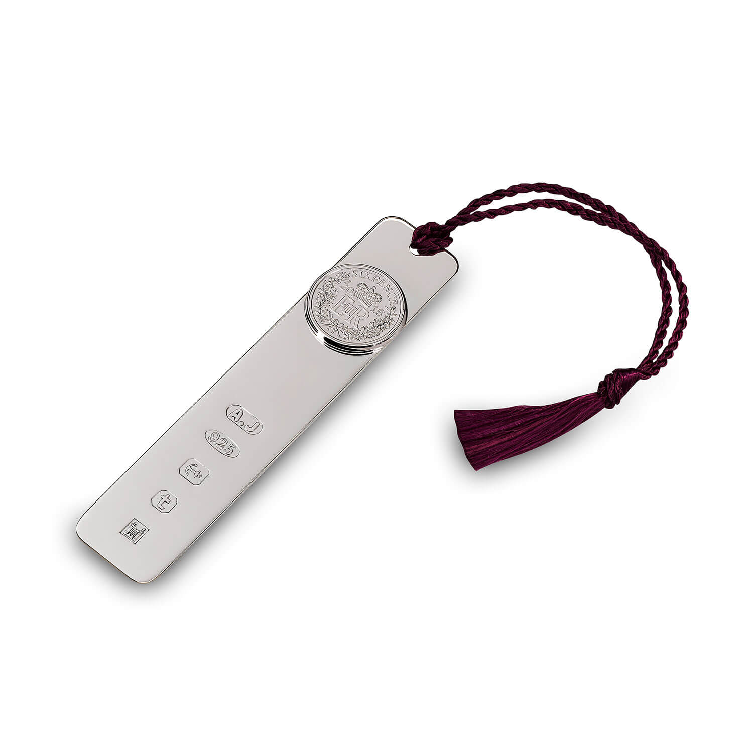 Silver Six Pence Bookmark with Purple Tassel