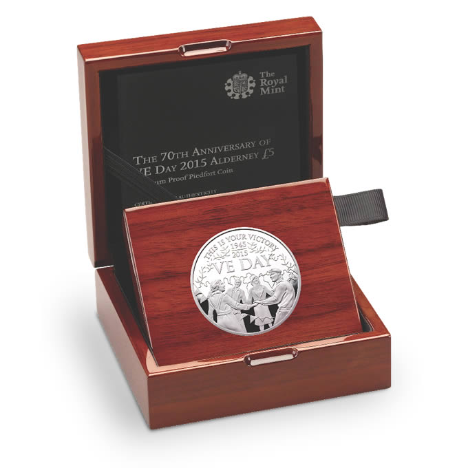 VE Day 2015 Alderney £5 Premium Proof Piedfort Coin