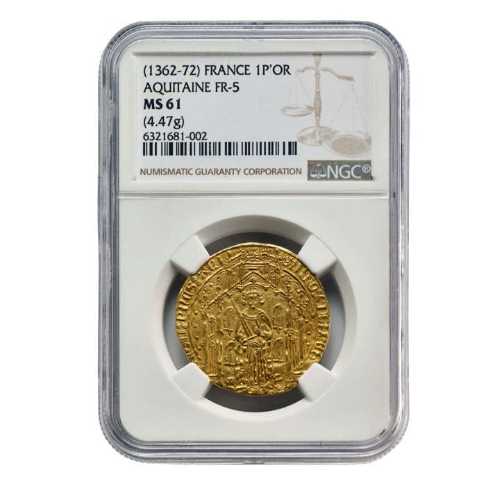 1362–72 Edward the Black Prince Noble Gold Coin, Guyennois a la E or Pavillon D