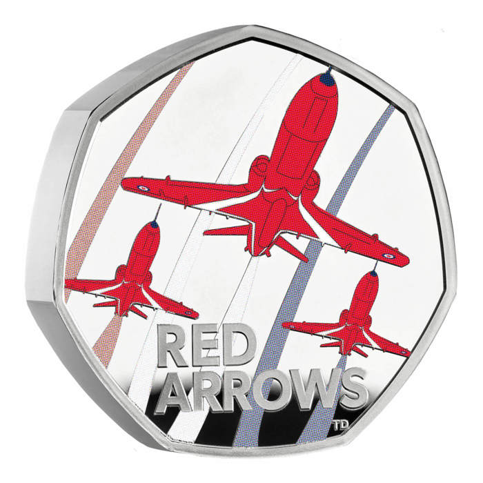 Red Arrows 50p 6 The Red Arrows 2025 UK 50p Silver Proof Piedfort Colour Coin