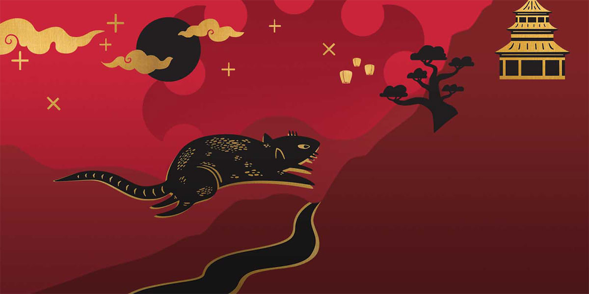 Chinese zodiac illustration of a black and gold rat jumping across a red landscape with golden waves, lanterns, clouds, trees, and a traditional Chinese building, symbolizing the Year of the Rat.