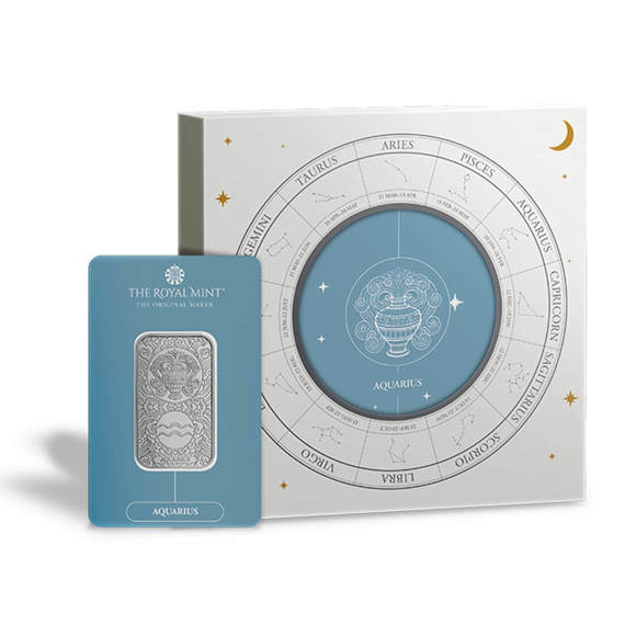Zodiac Aquarius 1oz Silver Bullion Minted Bar With Gift Box