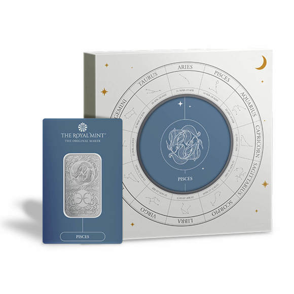 Zodiac Pisces 1oz Silver Bullion Minted Bar With Gift Box