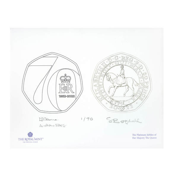The Platinum Jubilee of Her Majesty The Queen 2022 Limited-Edition UK 50p Osborne Ross Reverse and John Bergdahl Obverse Design Print 