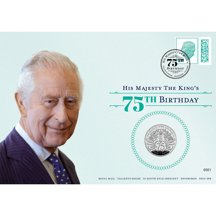 The 75th Birthday of His Majesty King Charles III 2023 UK £5 Brilliant Uncirculated Coin Cover