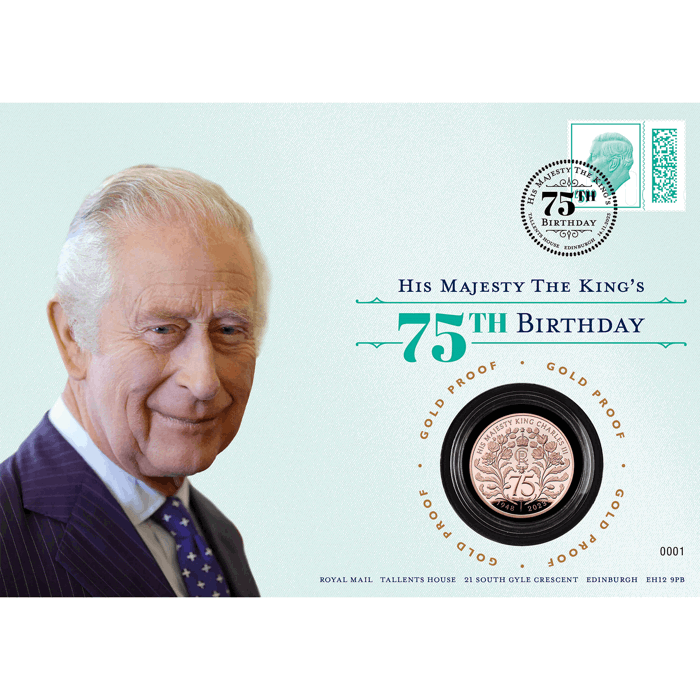 The 75th Birthday of His Majesty King Charles III 2023 UK £5 Gold Proof Coin Cover
