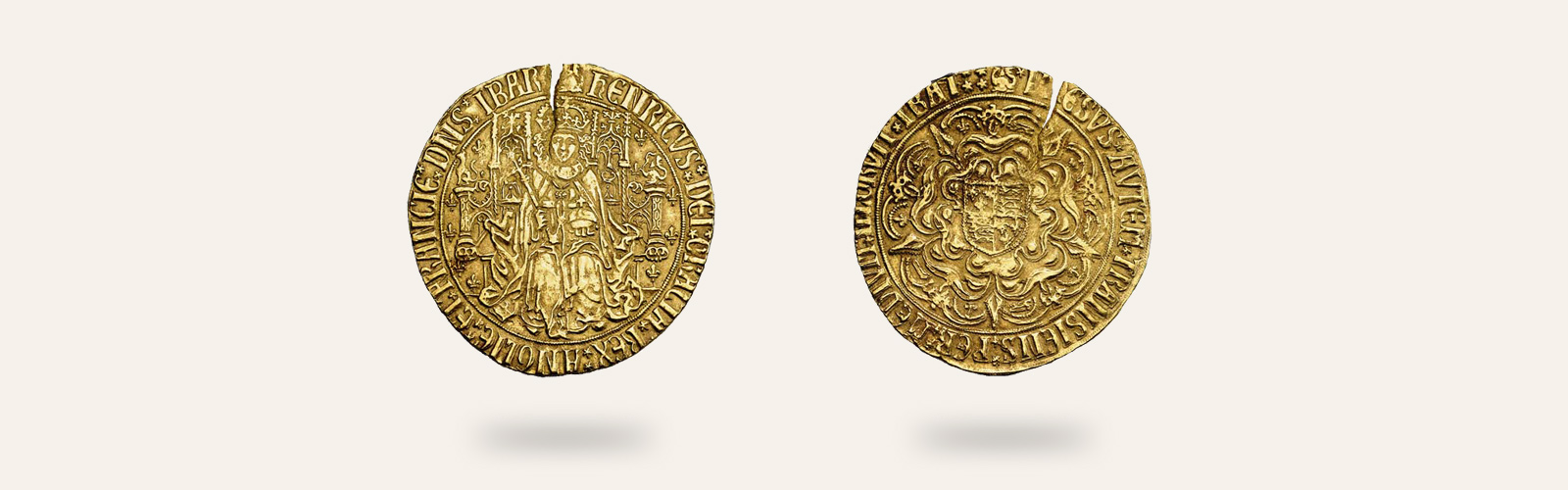 A Photograph of the two sides of the first Sovereign coin produced by The Royal Mint. The obverse features an intricate portrait of Henry VII and the obverse features the famous shield design