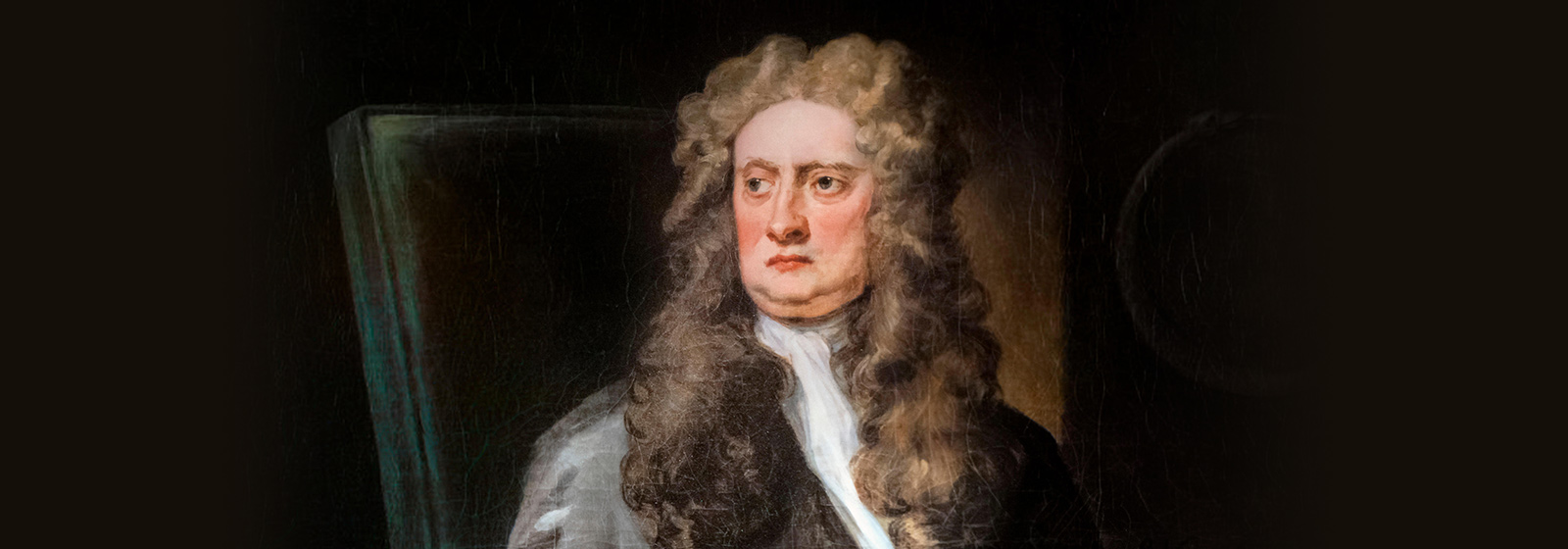 A portrait of Master of the Mint Sir Isaac Newton sitting in a green backed chair looking to distance.
