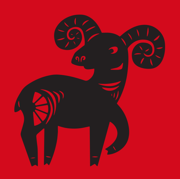 A black sheep with horns on a red background representing the Lunar year of the Sheep.