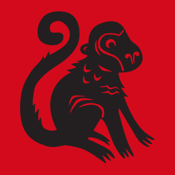 A black monkey on a red background representing the Lunar Year of the Monkey.