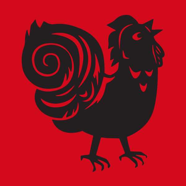 A black rooster on a red background representing the Lunar Year of the Rooster.