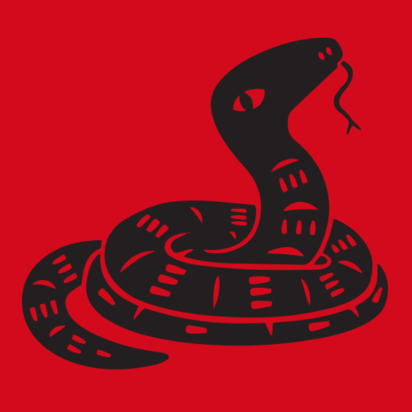 A black snake on a red background representing the Lunar year of the Snake.