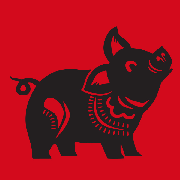 A black pig on a red background representing the Lunar Year of the Pig.