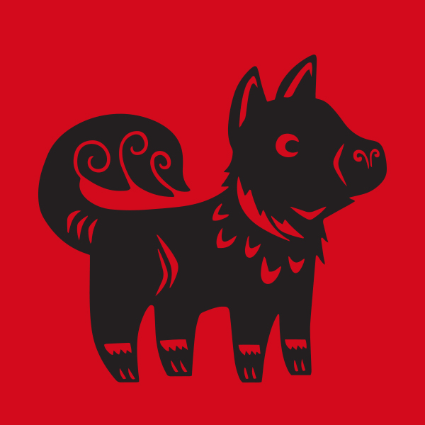 A black dog on a red background representing the Lunar Year of the Dog.