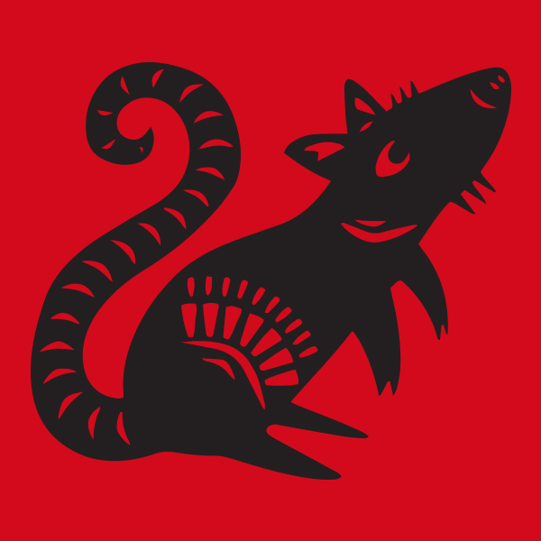 a black rat on a red background representing the Lunar Year of the Rat.