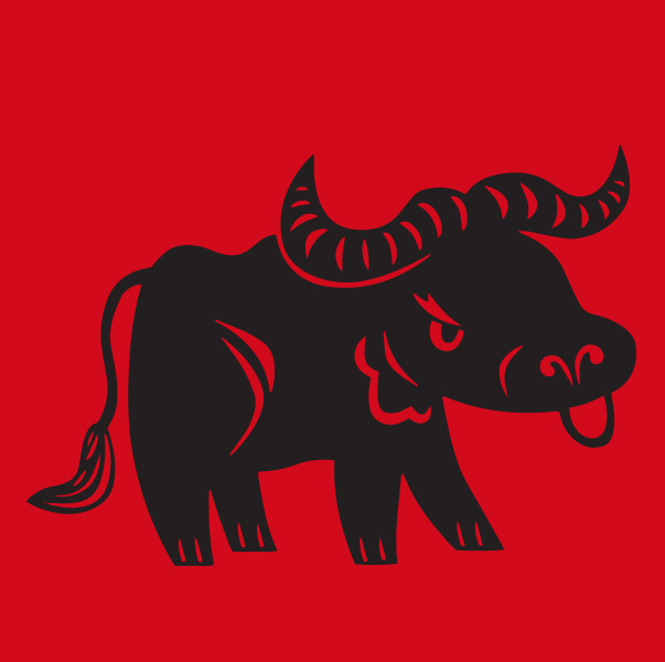 a black of an Ox on a red background representing the Lunar Year of the Ox.