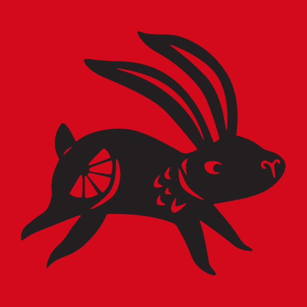 A black rabbit on a red background representing the Lunar Year of the Rabbit.