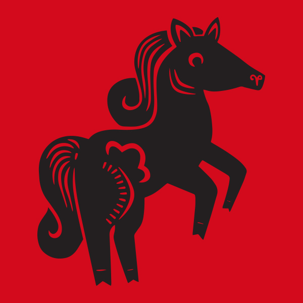 A black horse on a red background representing the Lunar Year of the Horse.